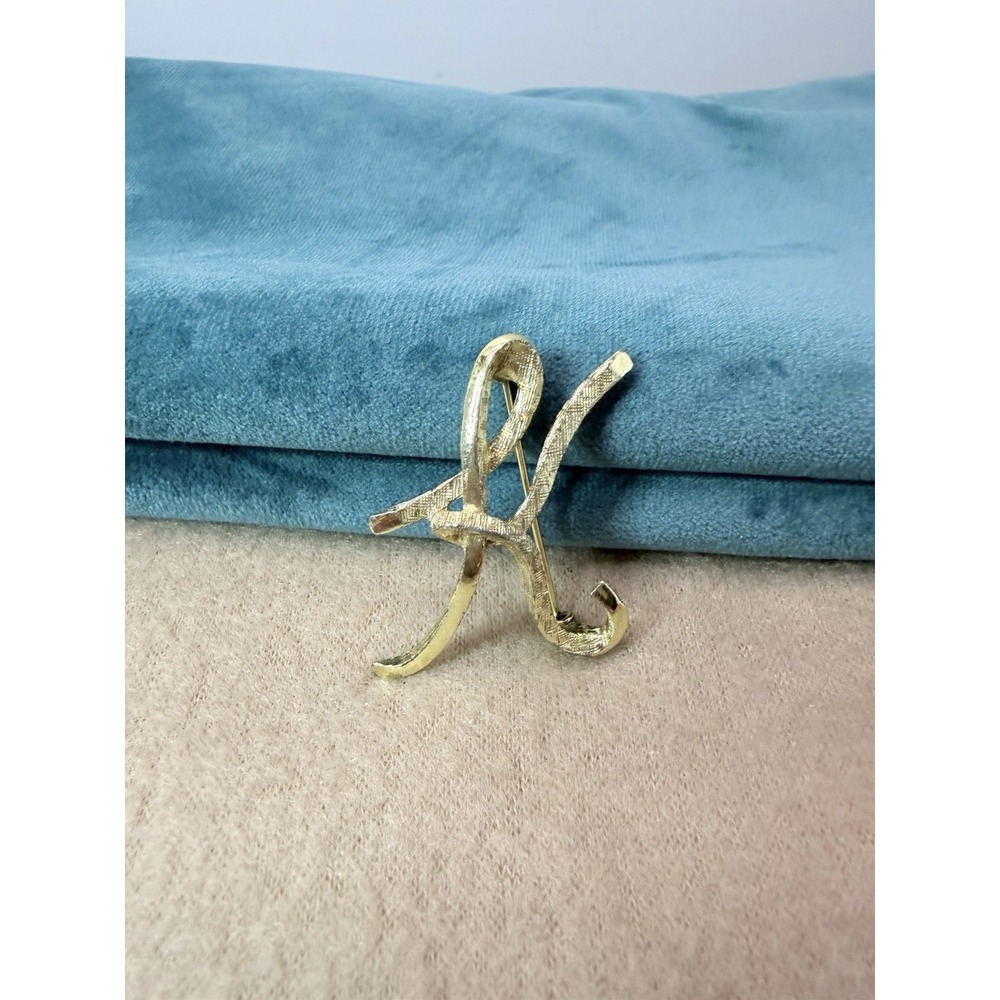 Vintage Gold Tone Initial K Brooch, Textured‎ Monogram Letter Pin